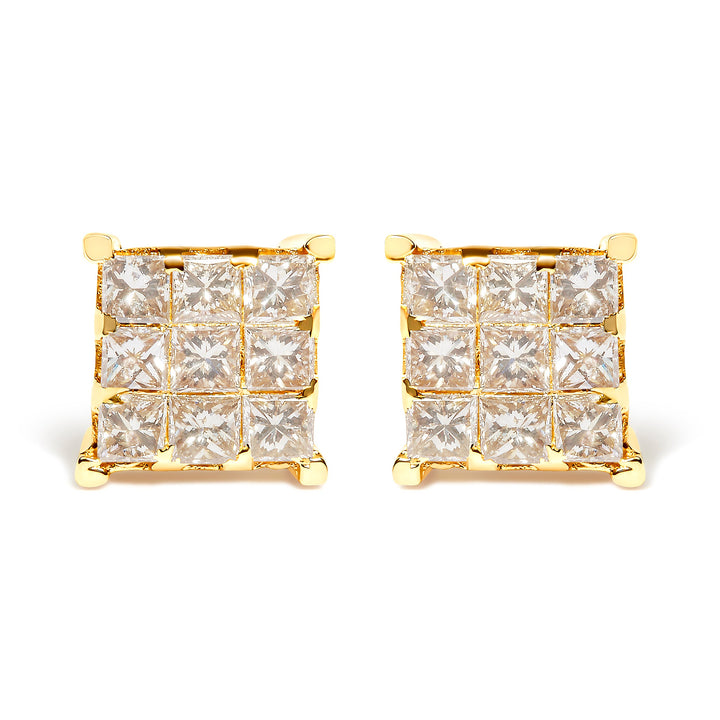 14K Yellow Gold 1 1/2 Cttw Invisible Set Princess-Cut Diamond 9 Stone Square Stud Earrings (J-K Color, SI2-I1 Clarity)