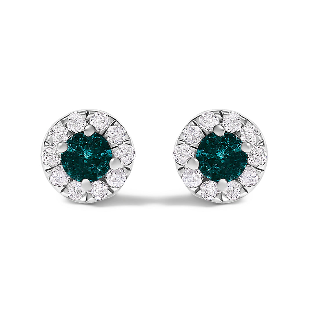 .925 Sterling Silver 1/3 Cttw White and Blue Diamond Halo Stud Earring