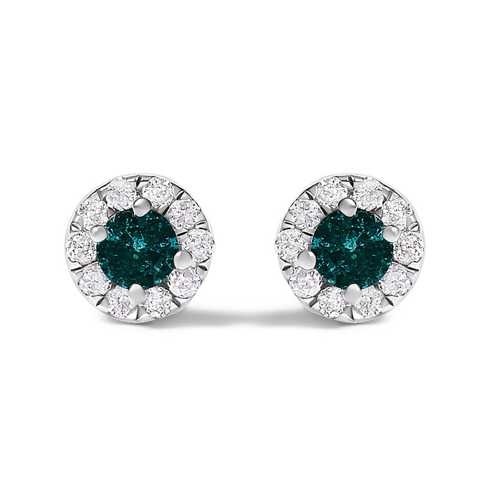 .925 Sterling Silver 1/3 Cttw White and Blue Diamond Halo Stud Earring