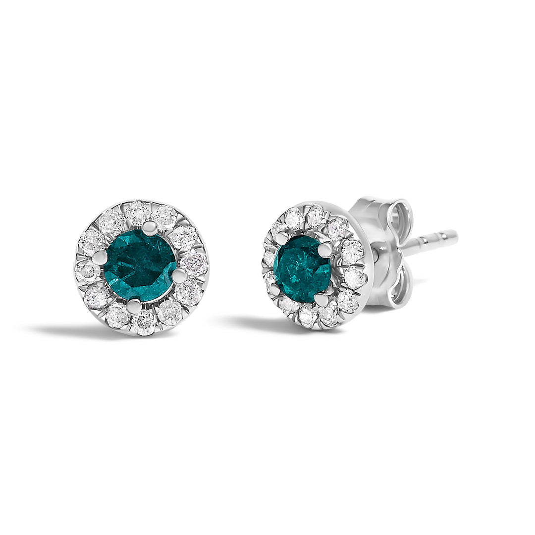 .925 Sterling Silver 1/2 Cttw Blue Diamond Halo Stud Earring