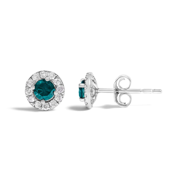 .925 Sterling Silver 1/2 Cttw Blue Diamond Halo Stud Earring