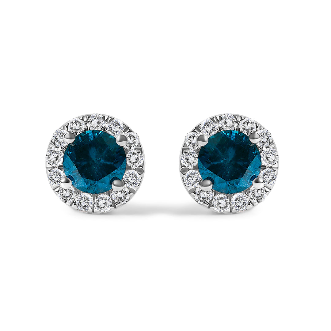 .925 Sterling Silver 1.00 Cttw Blue Diamond Halo Stud Earring