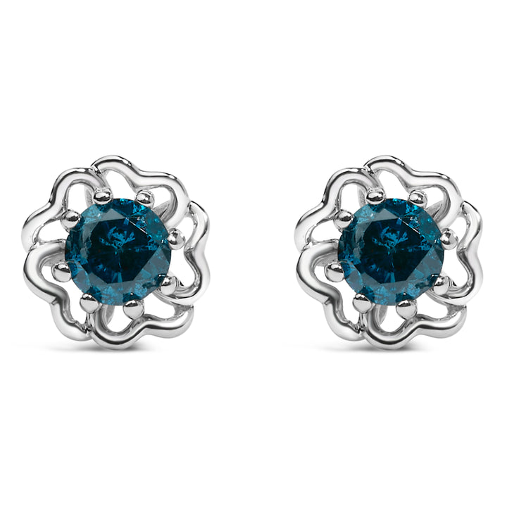 .925 Sterling Silver 1/2 Cttw Blue Diamond with Openwork Floral Halo Stud Earrings