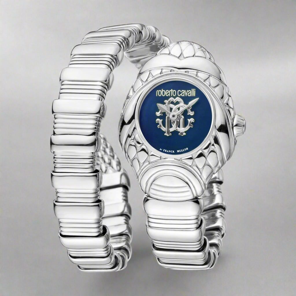 Women's silver spiral serpent watch with blue dial