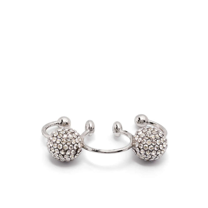 Pair of silver hoop earrings with embedded stones on a white background
