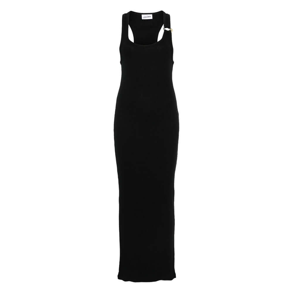 Black sleeveless dress on a white background