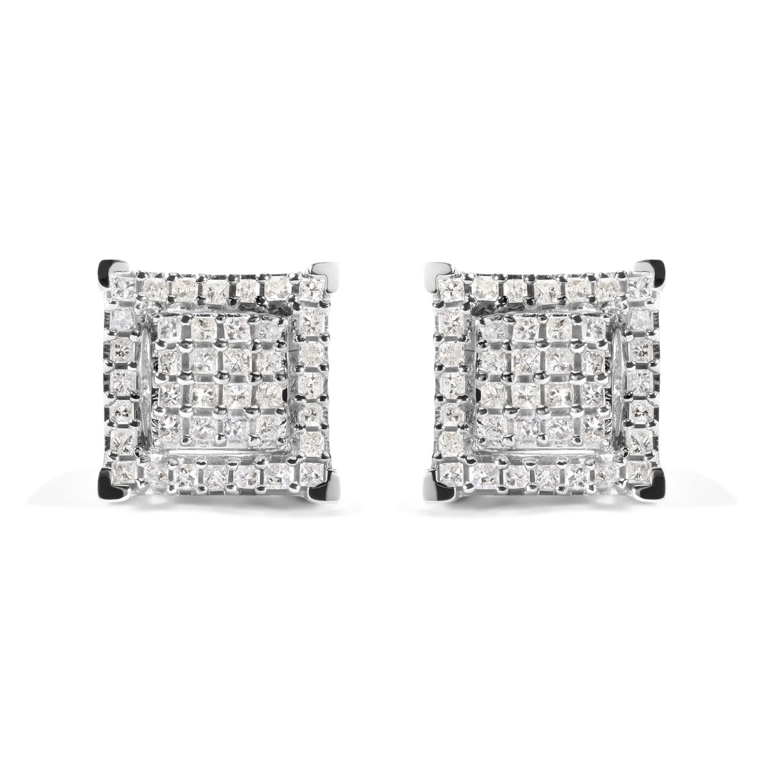 10K White Gold 1 1/4 Cttw Princess Diamond Composite Double Square and Halo Stud Earrings (I-J Color, I1-I2 Clarity)
