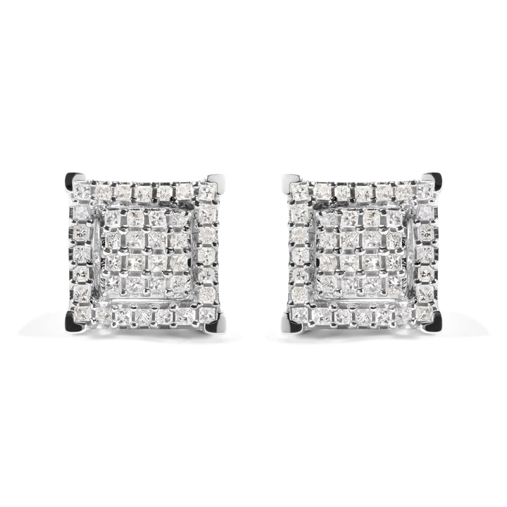 10K White Gold 1 1/4 Cttw Princess Diamond Composite Double Square and Halo Stud Earrings (I-J Color, I1-I2 Clarity)