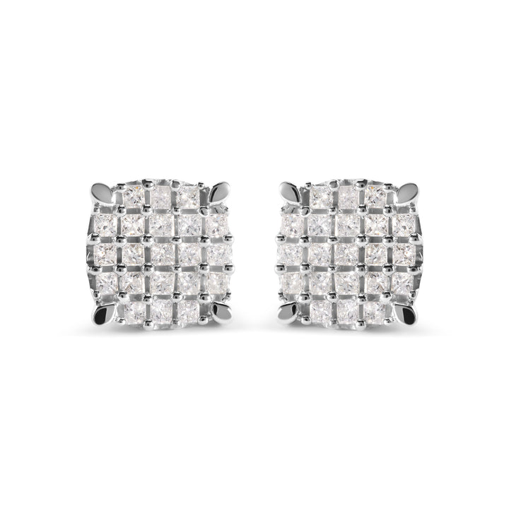 10K White Gold 3/4 Cttw Princess Diamond Composite Cushion Shape Stud Earrings (I-J Color, I1-I2 Clarity)