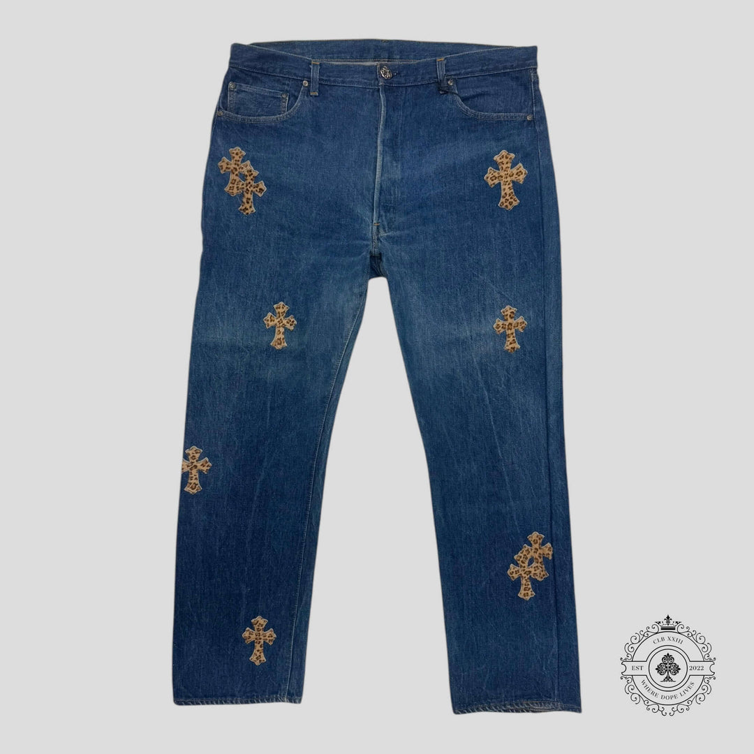Chrome Hearts Levis Cross Patch Jeans featuring authentic cross patch design in dark indigo color.