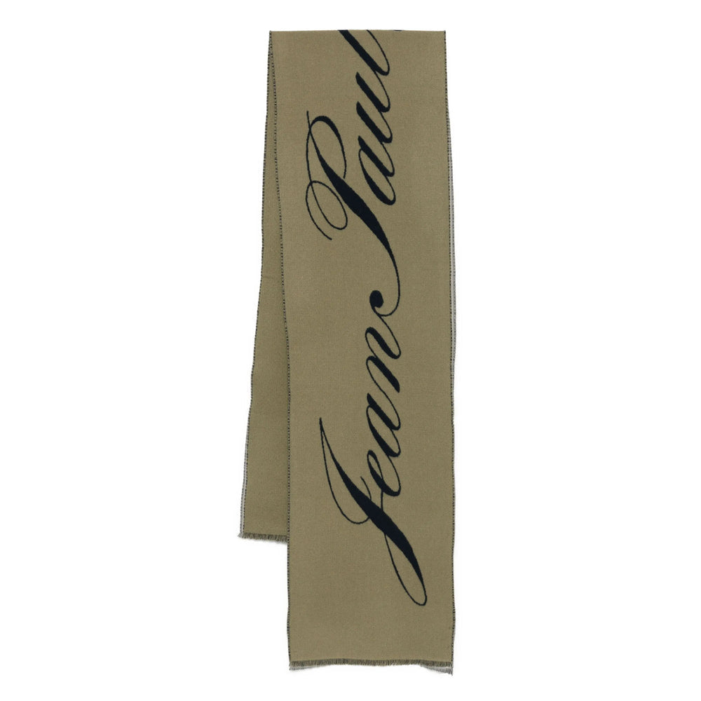 Beige scarf with black cursive text on a white background