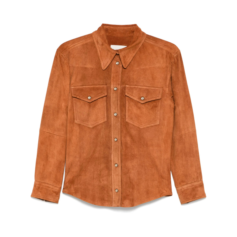 Brown suede shirt with two front pockets on a white background