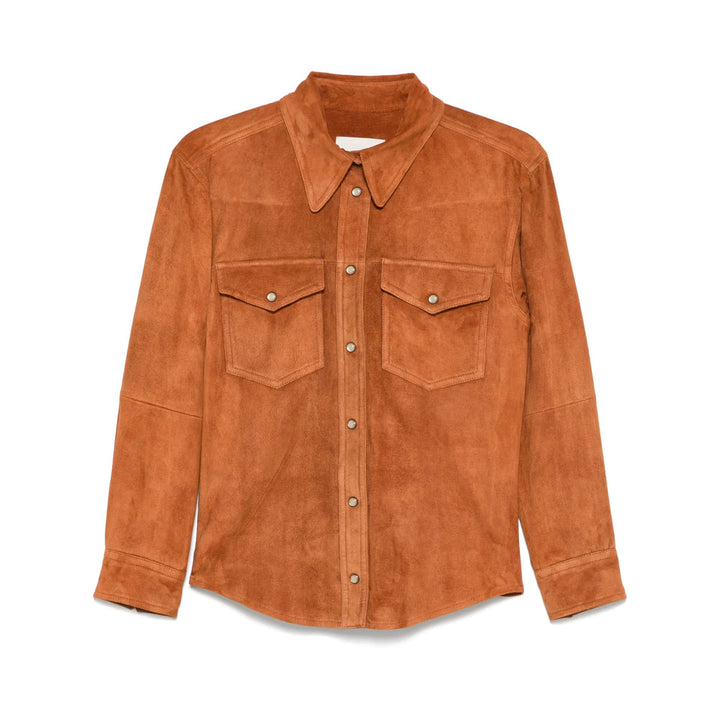 Brown suede shirt with two front pockets on a white background