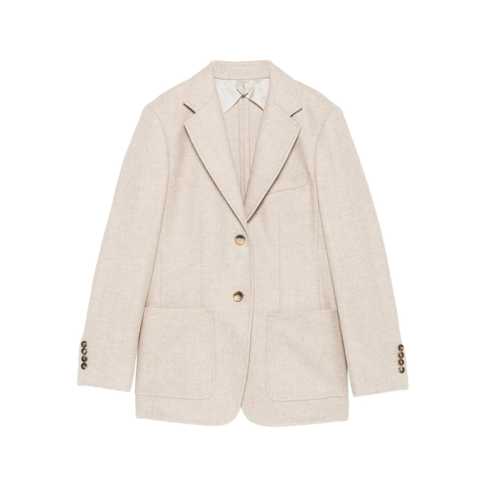 Beige blazer with gold buttons on a white background