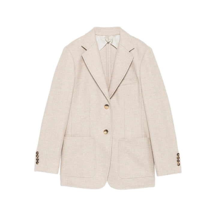 Beige blazer with gold buttons on a white background