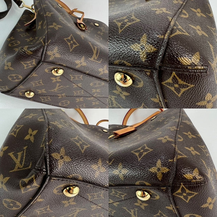Collage of a brown leather handbag with gold hardware and monogram pattern.
