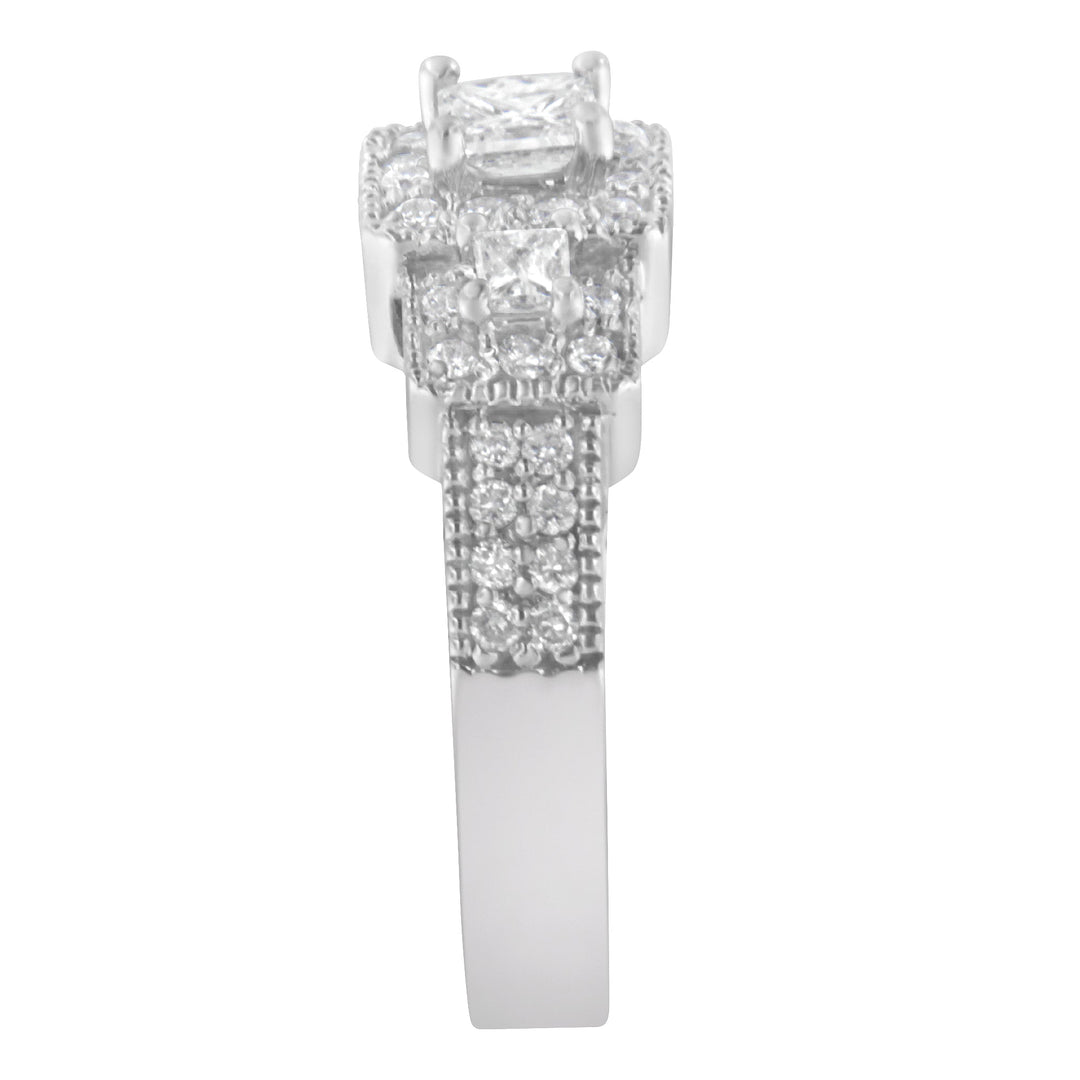 14K White Gold Round and Princess-Cut Diamond Three Stone Ring (1 Cttw, H-I Color, I1-I2 Clarity) - Size 7