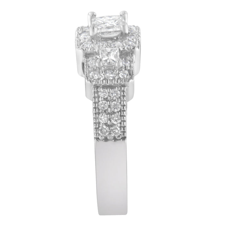 14K White Gold Round and Princess-Cut Diamond Three Stone Ring (1 Cttw, H-I Color, I1-I2 Clarity) - Size 7