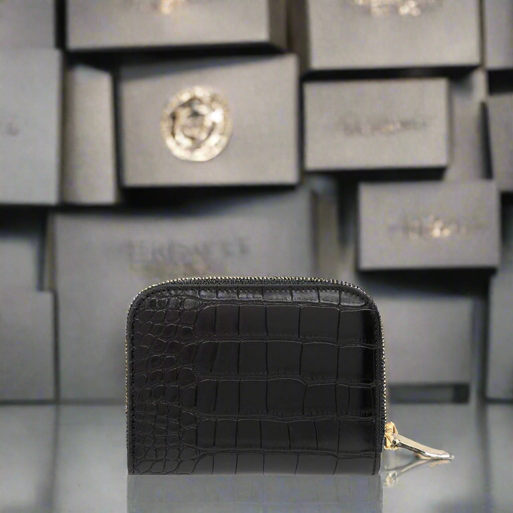 Versace Jeans black synthetic leather wallet with crocodile texture, zip closure, stylish and sophisticated for women.