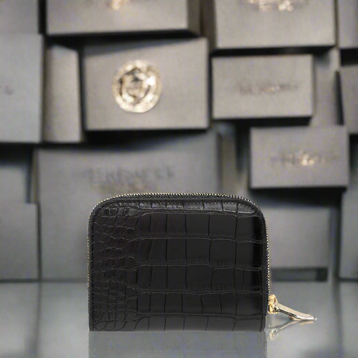 Versace Jeans black synthetic leather wallet with crocodile texture, zip closure, stylish and sophisticated for women.