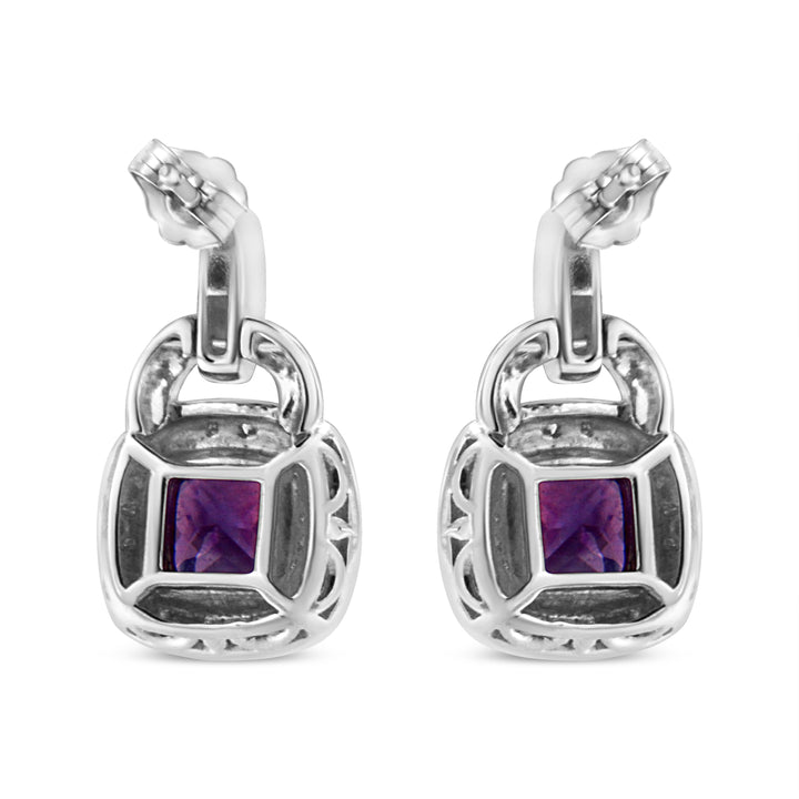 .925 Sterling Silver 8MM Natural Cushion Shaped Amethyst and Diamond Accent Halo with Push Back Dangle Earrings (I-J Color, I2-I3 Clarity)