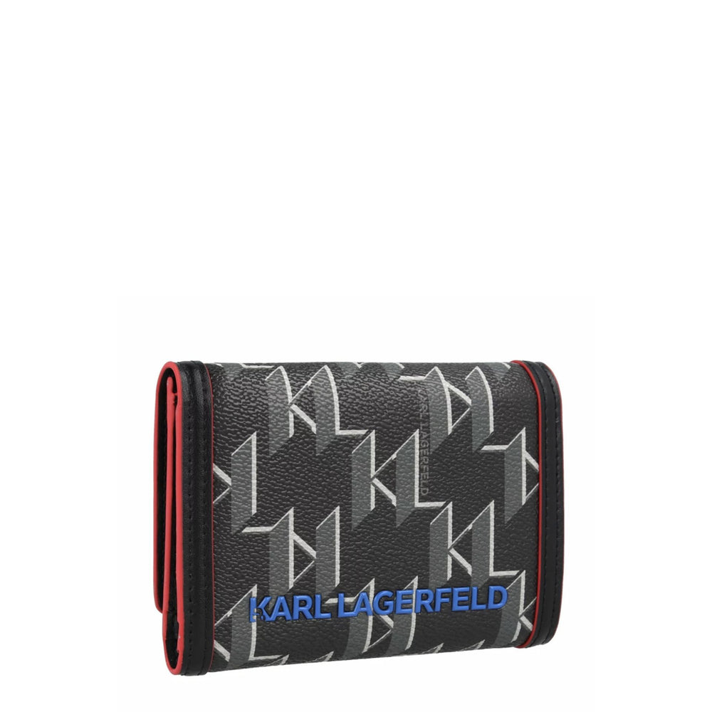 A black leather polyurethane wallet with a metallic fastening featuring a geometric pattern and a character silhouette.