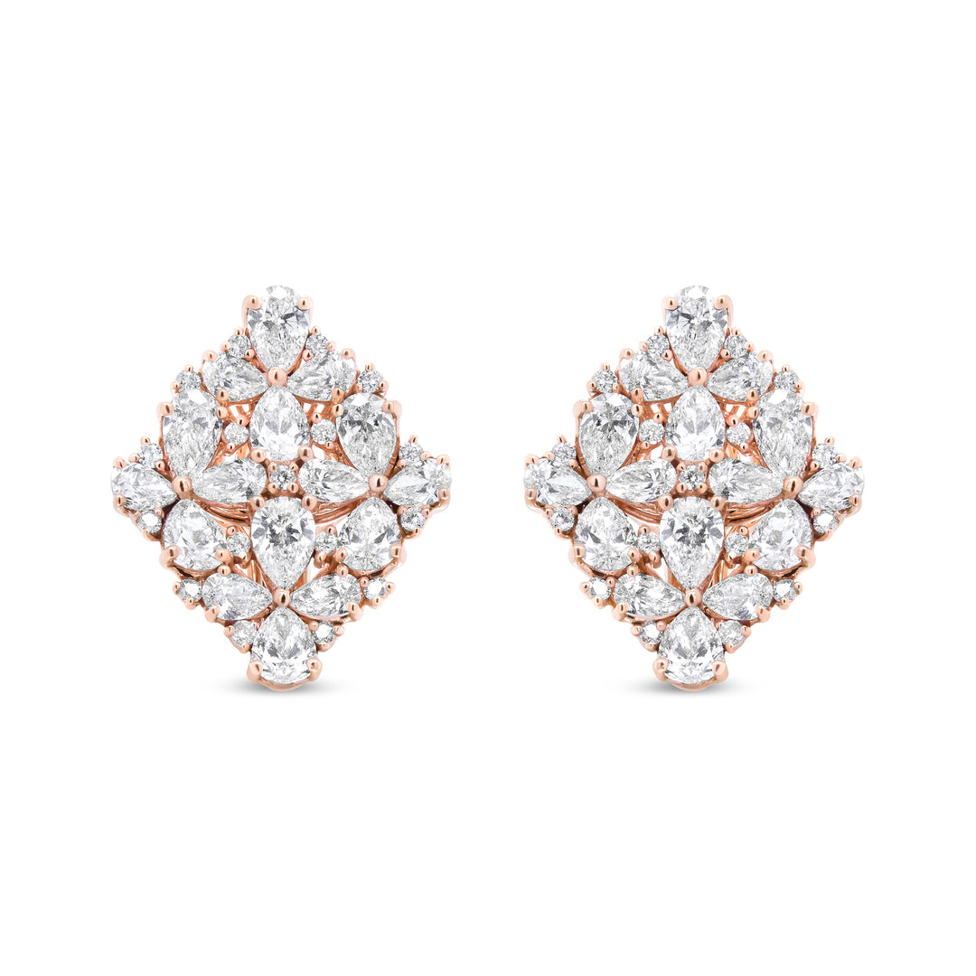 Rose gold earrings with clear gemstones on a white background