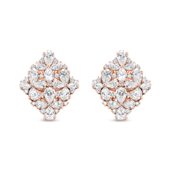 Rose gold earrings with clear gemstones on a white background