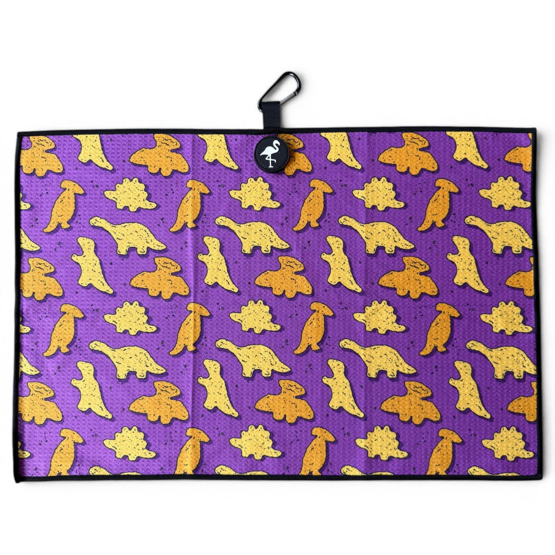 Purple Dino Chicken Nugget Golf Towel | 24” x 16” Microfiber Towel | Magnetic Clip &amp; Carabiner | Premium Golf Accessory