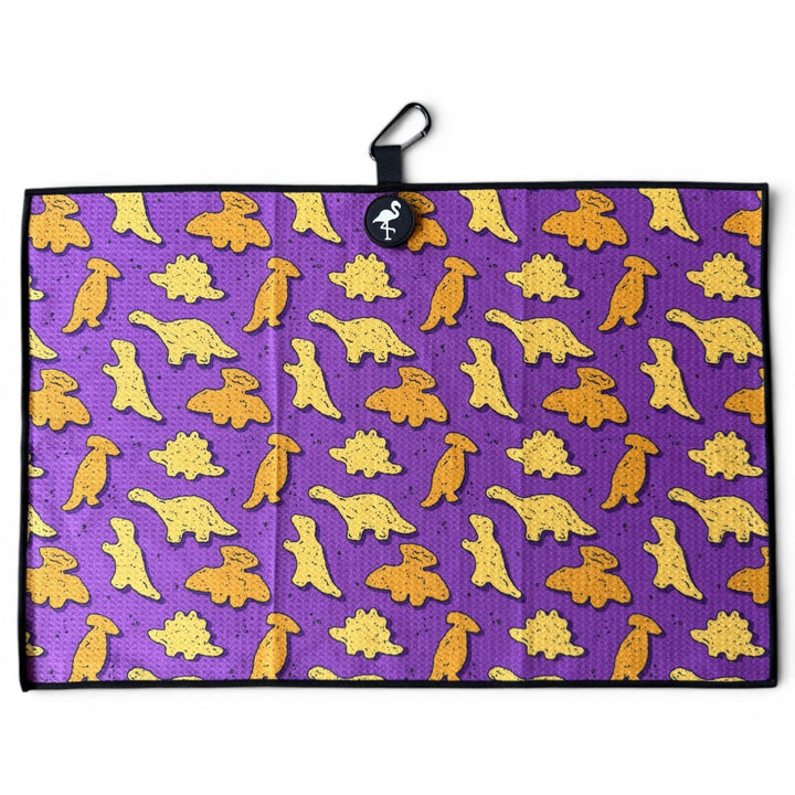 Purple Dino Chicken Nugget Golf Towel | 24” x 16” Microfiber Towel | Magnetic Clip &amp; Carabiner | Premium Golf Accessory