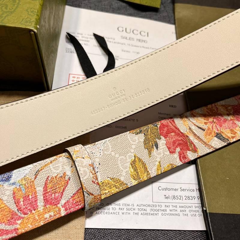 Gucci Guccissima Leather Floral Print Double Gold G Buckle Woman Belt &