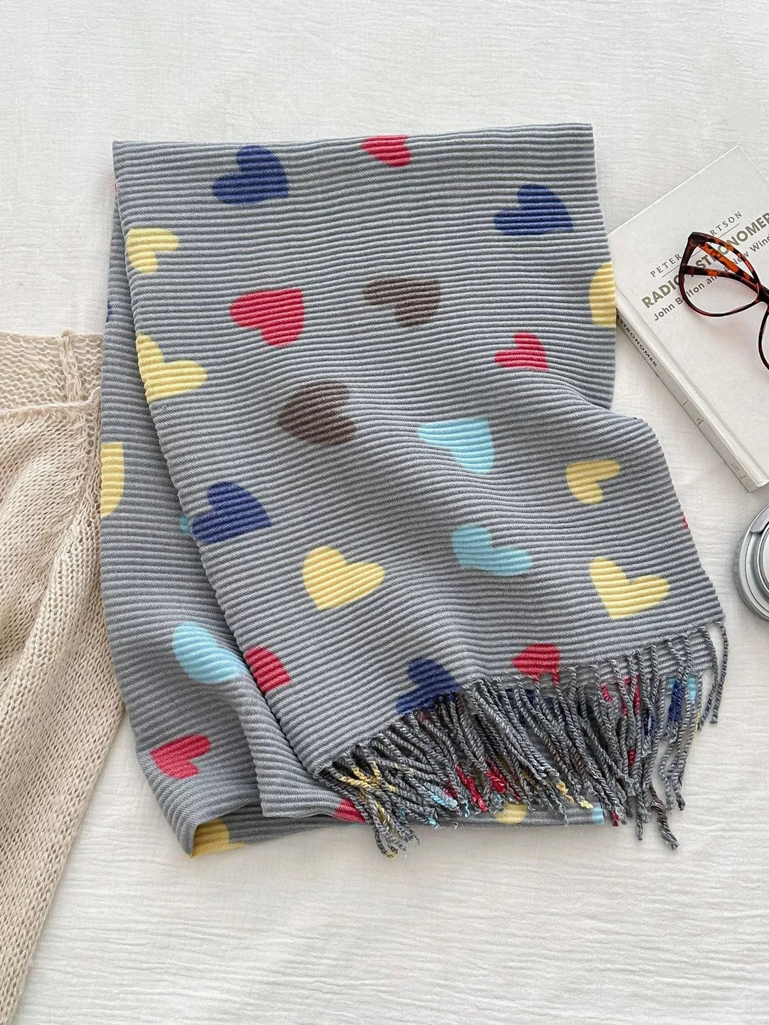 Heart Patterned Tassel Scarf