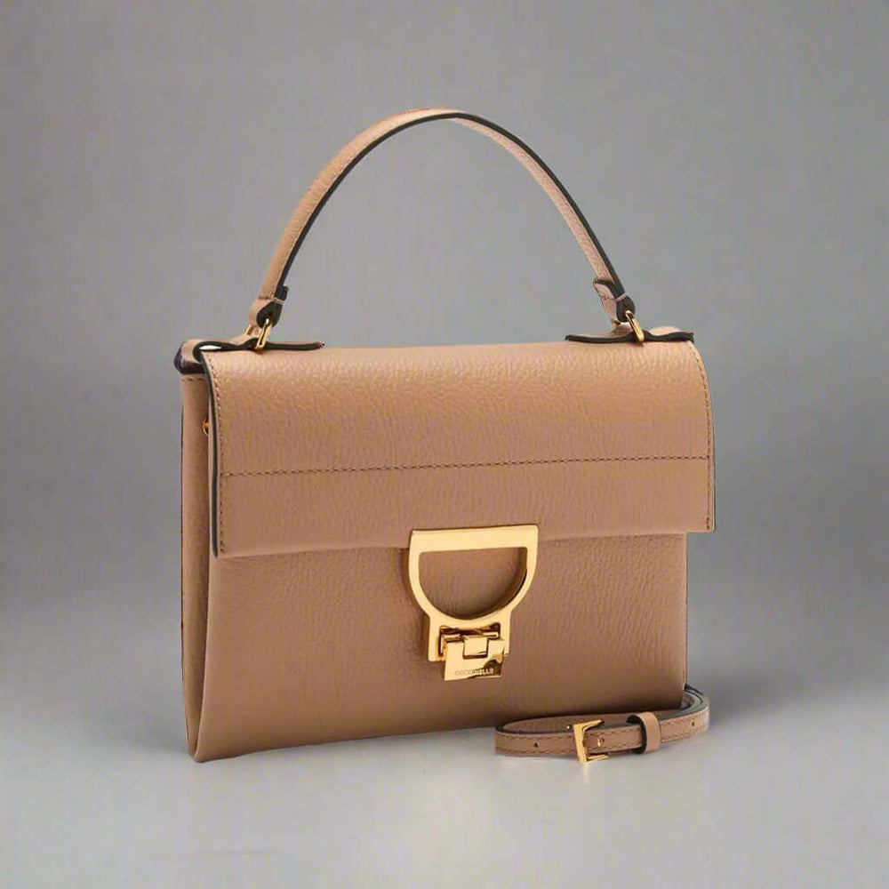 Brown handbag with a gold clasp on a white background