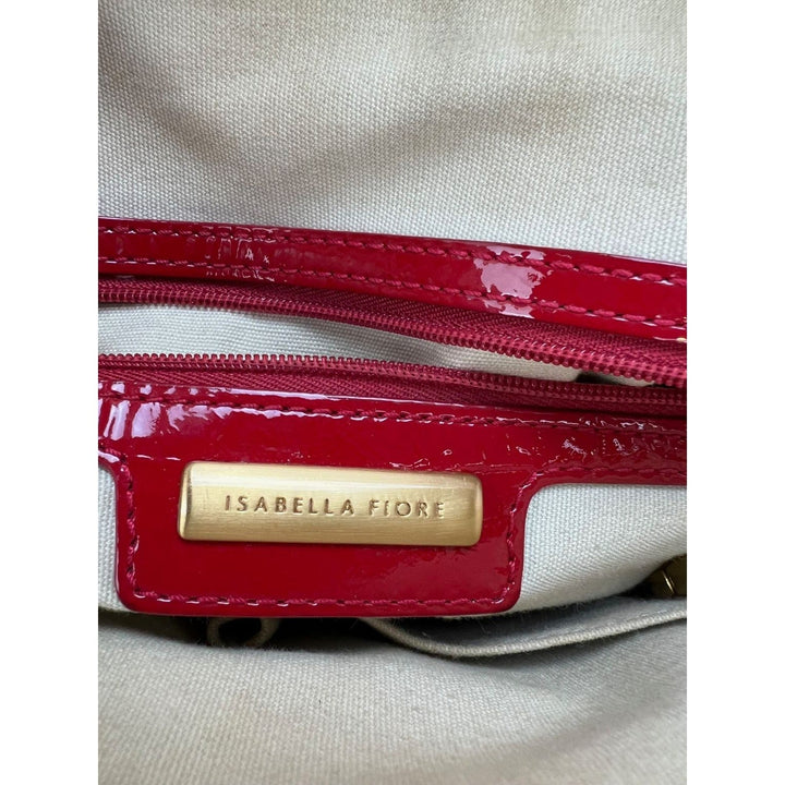Isabella Fiore Red Patent Leather Hand bag interior zipper pocket with label, luxury bags detail.