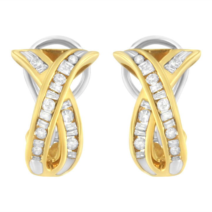 14K Yellow and White Gold 1/2 TDW "X" Shape Cross Over Diamond Hoop Earrings (I-J, I2-I3)