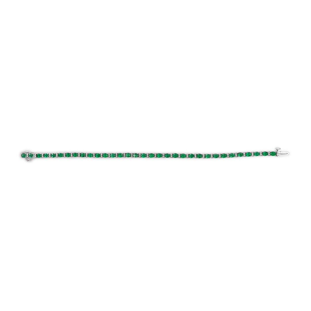 14K White Gold Alternating Oval Green Emerald and Diamond Tennis Bracelet