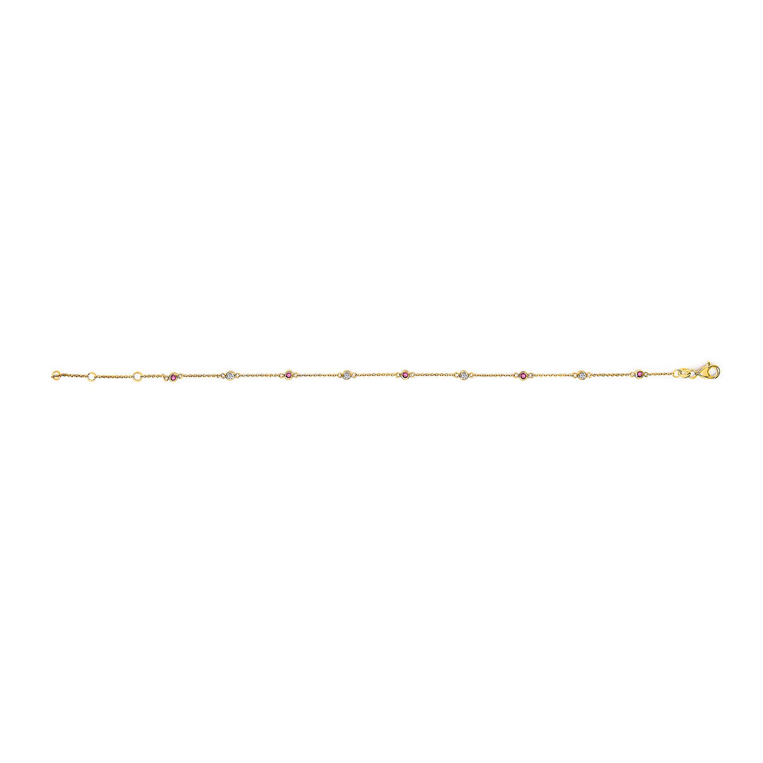 14K Yellow Gold Alternating Red Ruby and White Diamond Bezel Station Chain Bracelet (I-J Color, SI2-I1 Clarity) - 8" Inches