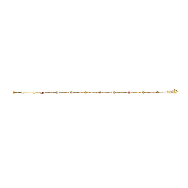 14K Yellow Gold Alternating Red Ruby and White Diamond Bezel Station Chain Bracelet (I-J Color, SI2-I1 Clarity) - 8" Inches