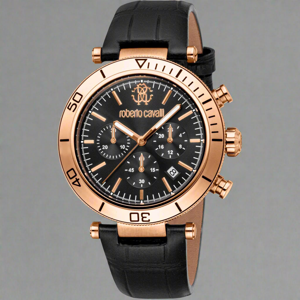 Roberto Cavalli men's chronograph watch with stainless steel and rose gold accents on a black leather band.