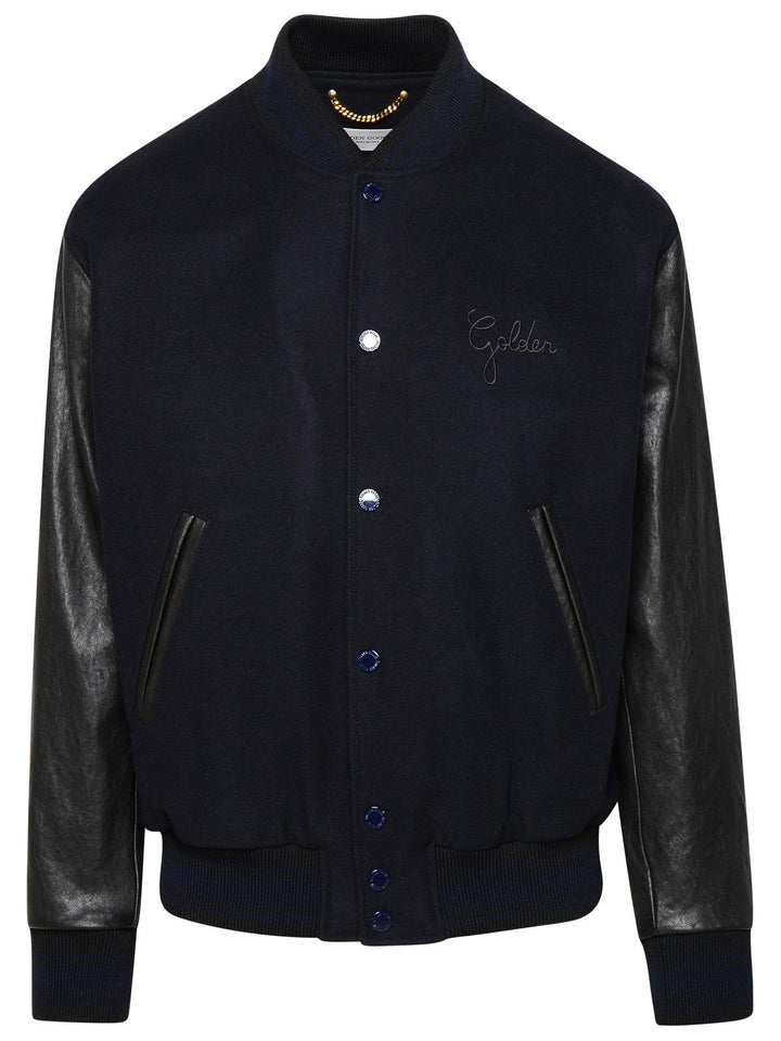 Golden Goose Bomber Jacket In Blue And Black Virgin Wool Blend Men
