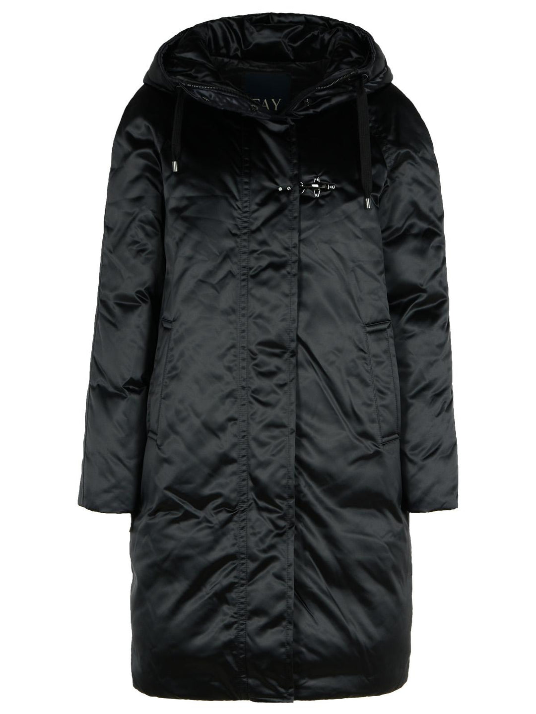 Black winter coat with a hood on a white background