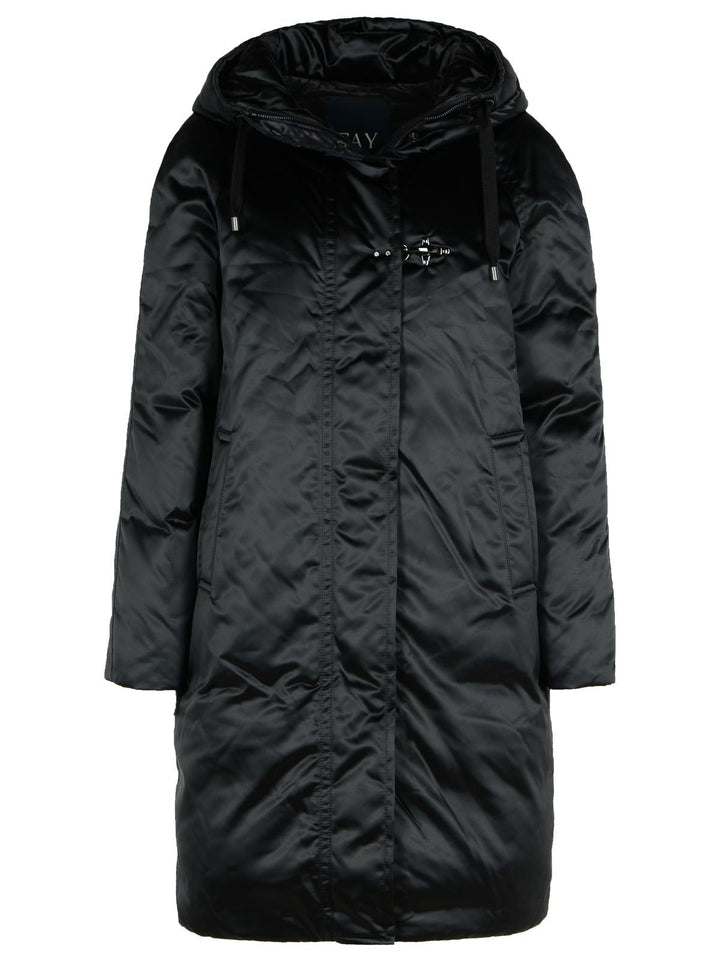 Black winter coat with a hood on a white background
