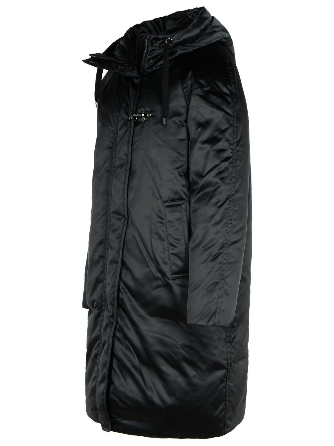 Black hooded coat on a white background