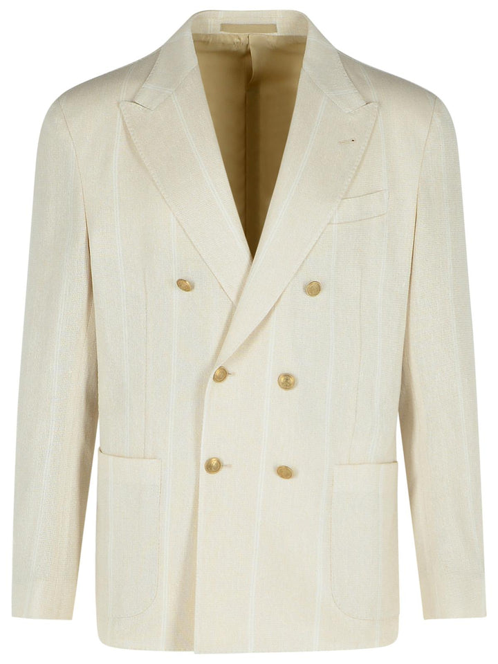 White double-breasted blazer with gold buttons on a white background