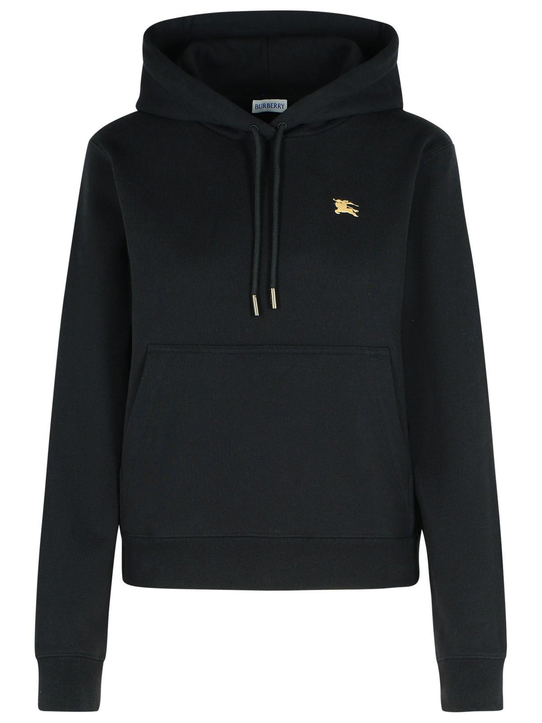 Black hoodie with a gold logo on a white background