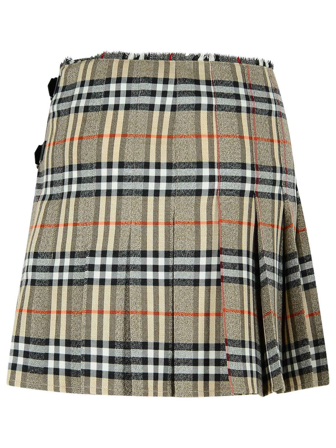 Plaid skirt with a pattern of beige, black, and red on a white background