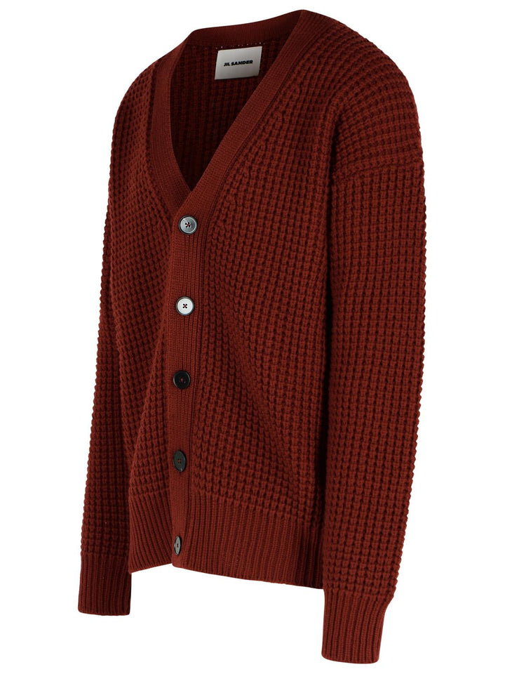 Jil Sander Burgundy Virgin Wool Cardigan Men