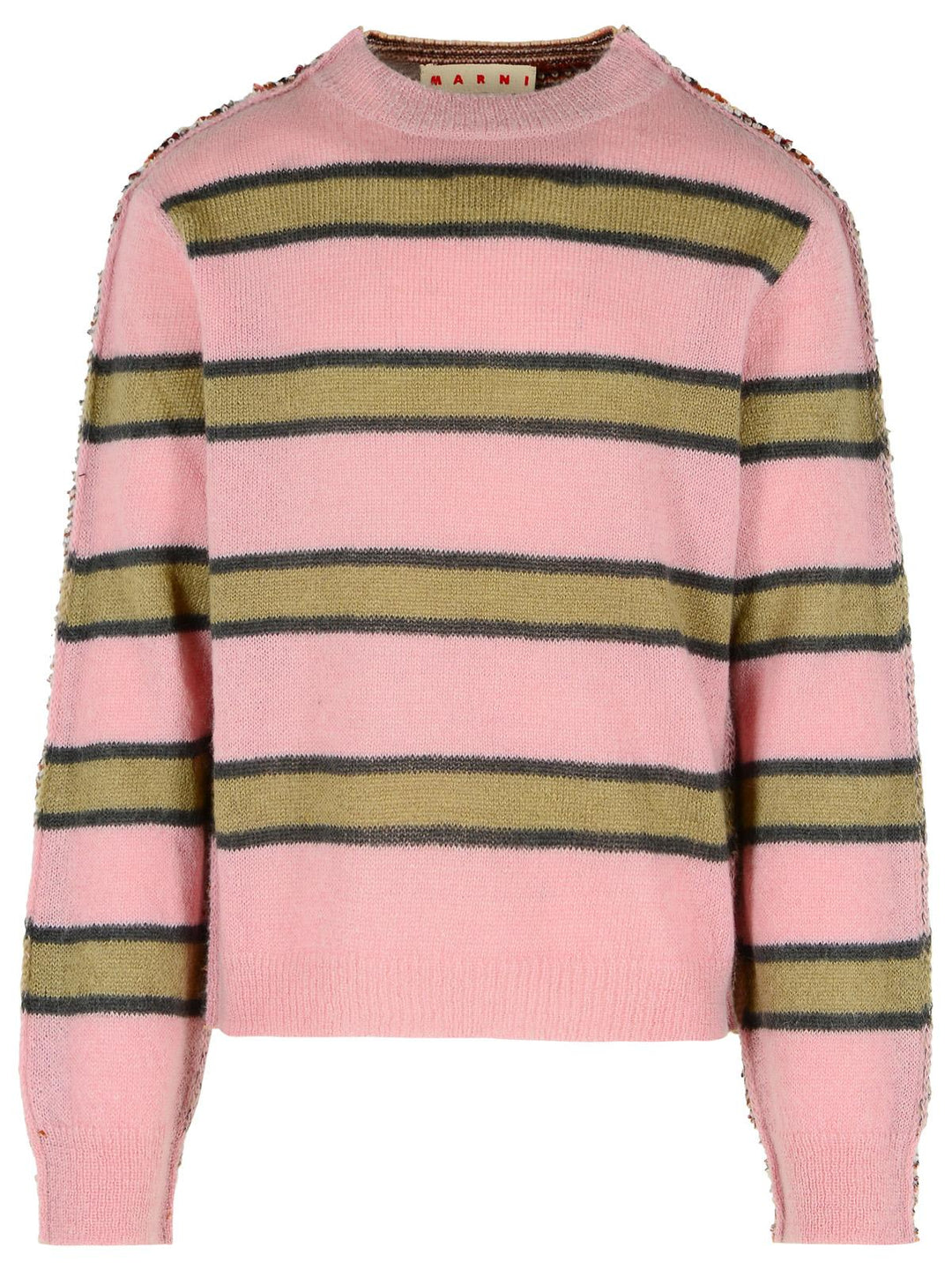 Pink sweater with green and navy horizontal stripes on a white background