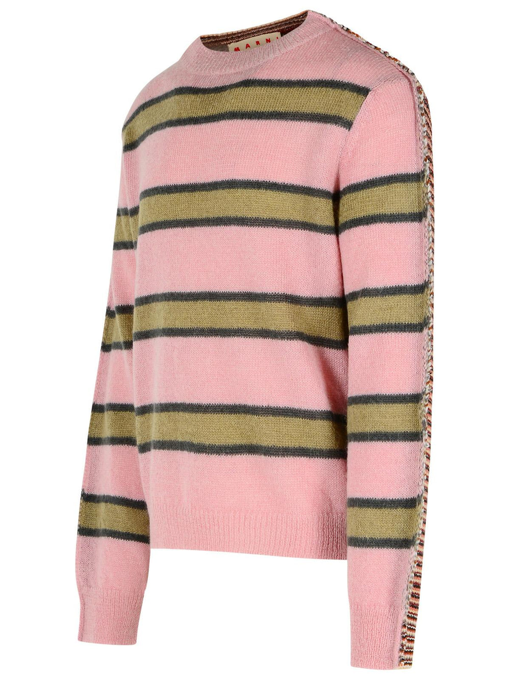 Pink sweater with green and brown horizontal stripes on a white background