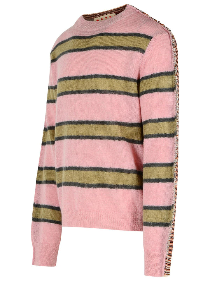 Pink sweater with green and brown horizontal stripes on a white background